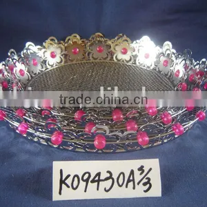 Silver Embroidered Metal Decorative With Red Beads Round Outdoor Fruit Plate thumbnail-1