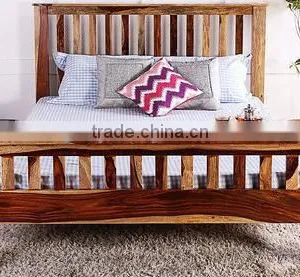 Natural Sheesham Finish Wooden Queen Size Bed thumbnail-1