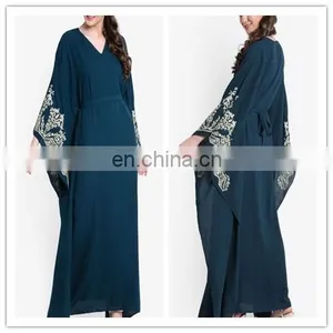Women V-Neck Blue Abaya Muslim Dress With Embroidery thumbnail-1