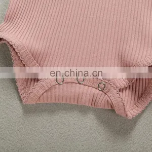 Infants & Toddler Solid Color Spring Autumn Lace Edge Slip Knitted Cotton Romper thumbnail-4