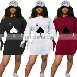 Long Sleeve Dresses Women Fashion 2021 Poker Print One Shoulder Solid Mini Woman Dress Casual Streetwear Plus Size Vestidos thumbnail-1