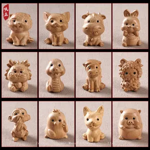 Chinese Zodiac Cartoon Ornaments Peach Wood Carving Hand-held Dolls Wood Carving Animal Zodiac Ornaments thumbnail-1