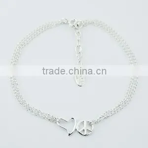 Double Silver Curb Chain Bracelet With Heart and Peace Symbol Charm thumbnail-1