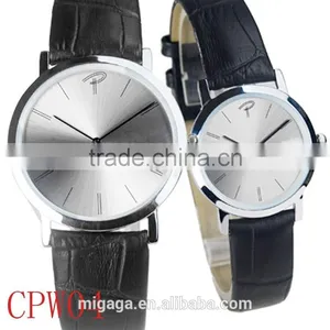 Concise 2 Hands Analog Men Women Thin Casual Couple Watch Leather thumbnail-3