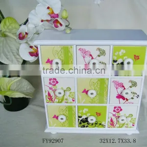 Pearl White Lacquer Wood Nine Drawer Storage Box With Flower Design thumbnail-1