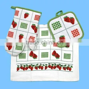 3 Pcs Pigment Print Cotton Towel Set Cotton Pot Holder Oven Mitten Set thumbnail-2