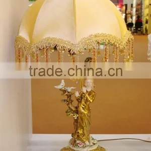 Lady Playing With Doves Ceramic Base Table Lamp, Gold Color Table Lamp thumbnail-1