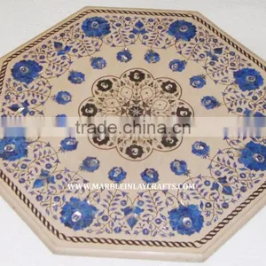 Octagonal Marble Inlay Coffee Table Top With Lapis Lazuli Stone Inlay Work thumbnail-1