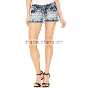 Aztec-Print Frayed Short Shorts, Medium Wash thumbnail-2