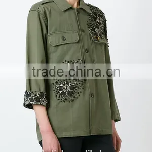 100% Cotton Women Military Olive Green Jacket Customized thumbnail-1