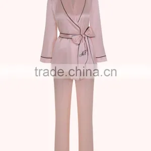 Women's Satin Pyjamas Wedding Robe Tie Waist Embroidered Sleepwear Custom Smooth And Soft Artificial Silk thumbnail-6