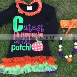 NEWEST Kids Black Dress Girls Pumpkin Dress Girls Halloween Dress Pumpkin in the Patch Dress With Necklace and Headband thumbnail-1