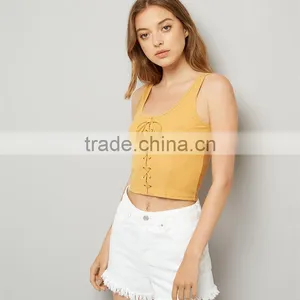 Wide Shoulder Straps Lace up Ribbed Cropped Tank Womens Black Vest Tops thumbnail-3