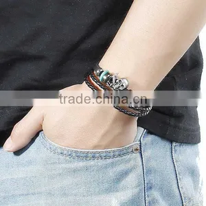 New Fashion Black Cord Silver Tone & Green Beads Gunmetal Halloween Skull Cowhide Multilayer Bracelets thumbnail-3