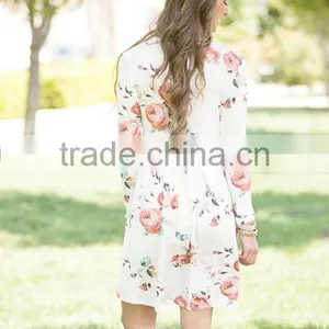 B40989A Fashion Print Flowers Dress Women Long Sleeve Crewneck Dress thumbnail-3
