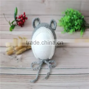 Newborn Knit Bonnet Crochet Mohair Bonnet Ruffle Mohair Hat Knit Bear Hat Baby Photography Props thumbnail-4