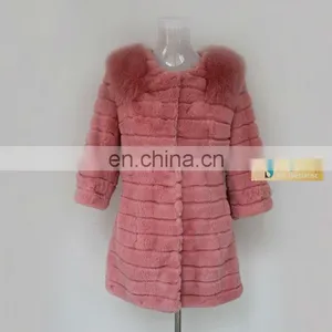 Pretty Strawberry Pink Long Rabbit Fur Women Coat With Fox Fur Collar thumbnail-1