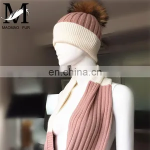 Thick Soft Shawl Fashion Winter Raccoon Fur Pom Hats Long Collar Scarf Hat Glove Sets thumbnail-2