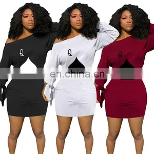 Long Sleeve Dresses Women Fashion 2021 Poker Print One Shoulder Solid Mini Woman Dress Casual Streetwear Plus Size Vestidos thumbnail-2
