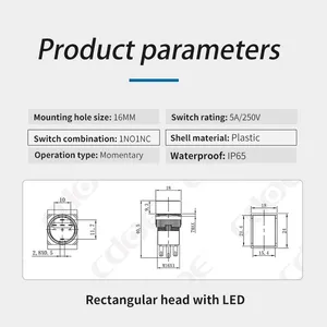 Ip65 16mm Rectangle Head 24v SPDT Push Button Switch on off Momentary With Led thumbnail-3