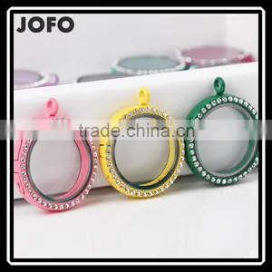 Colorful Circle Round Floating Locket Charm With Rhinestone thumbnail-1