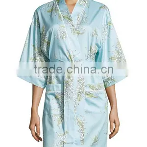 Wholesale Cheap Sexy Light Blue Elegant Short Women Warm Printed Woven High Density Cotton Robe thumbnail-1