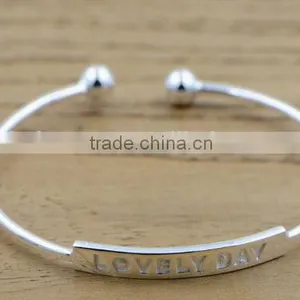 Custom Ball End Silver Signature Engravable Bar Cuff Bangle Bracelet thumbnail-3
