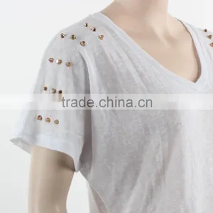 F5W13021 New Fashion Beads Embroidered Women White Long Sleeve T Shirts thumbnail-5