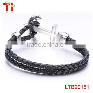 Genuine Cow Leather Silver Color Bracelet Men, Zircon Diamond Jewelry Bracelet for Men, Fashion Steel Bracelet Anchor Customized thumbnail-3