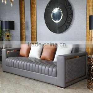 Artistic Grey Color Genuine Leather Living Room Sofa, Golden Color Stainless Steel Coffee Table With Marble Top(MOQ=1 SET) thumbnail-2