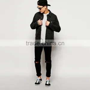 Wholesale Mens Black Denim Plain Warm Jacket in Bulk thumbnail-4