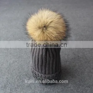 Womens Winter Cap Real Raccoon Fur Poms Hat With Plush Thicken Knit Cap Embroideried thumbnail-4
