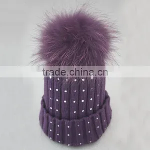 Myfur Fashion Style Diamond Ladies Wool Knitted Beanie Hat With Real Raccoon Fur Pom Pom thumbnail-2