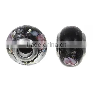 Lampwork Glass European Style Large Hole Beads Round Black Transparent Pink Flower With 304 Stainless Steel Silver Tone Core thumbnail-3