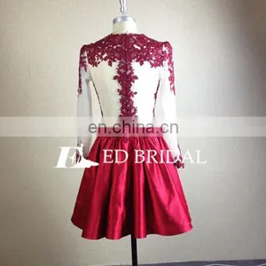 Sexy Lace Appliques Satin Wine Red Short Evening Dress Long Sleeve thumbnail-2