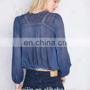 Lace Trimed Long Sleeve Woman Surplice Woven Top thumbnail-4