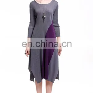 China Manufacter Round Neck Slim Pleat Dress Women Daily Wear Irregular Hem Dress thumbnail-3