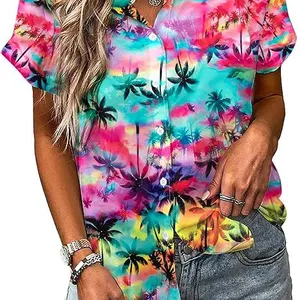 Women Hawaiian Shirt Soft Cool Summer Hawaii Tshirts Beach Tropic Print V Neck Button up Tops Floral Short Sleeve Tops thumbnail-1