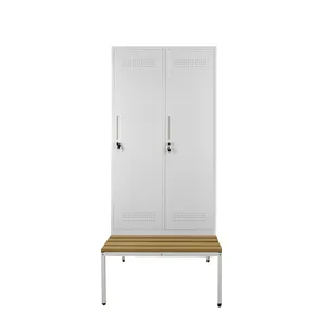 2 Doors White Metal Clothes Locker Customized Storage Cabinet Sloping Top Steel Gym Locker With Bench thumbnail-1
