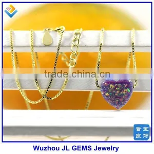 Synthetic Amethyst Opal Heart Gems Stone Pendant18K Golden Plated 925 Sterling Silver Chain Necklace thumbnail-1