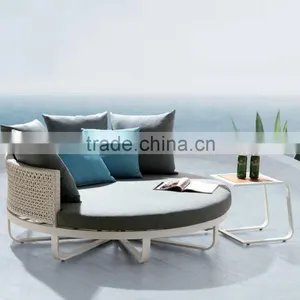 Wicker Outdoor Furniture White Rattan Round Sun Lounger Pool Sunbed With Cushion and Pillows thumbnail-1