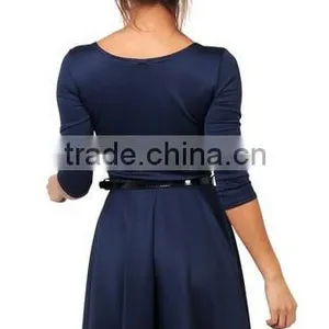 Womens 3/4 Sleeve Belted Flare Skater Dress Pleated Slimming Mini Tunic thumbnail-2