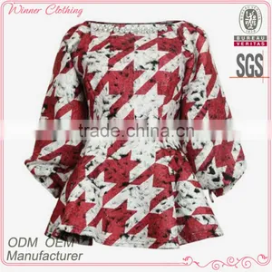 Fashion Jarquard Crochet Ruffle Bottom Long Sleeves High Quality Direct Manufacturer Ladies Blouse Hot Style thumbnail-1