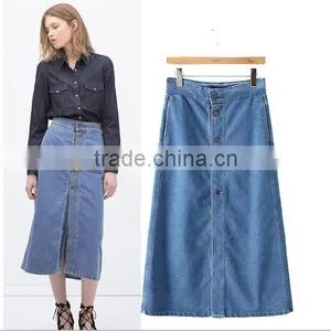 EY0582A 2015 New Style Women Tall Waist Pure Color Single-breasted Cowboy Short Skirt in Front of it thumbnail-1