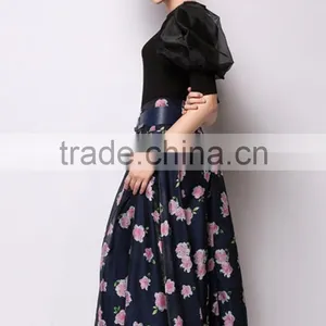 100% Polyester Sweet Floral Midi A-Line Bubble Skirt thumbnail-3