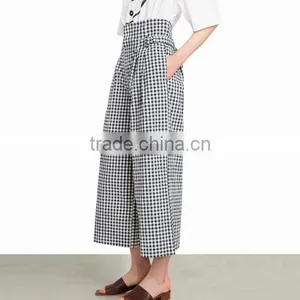 2017Cotton High Waist Women Casual Pants Different Size for Choice Ruffles Plaid White and Black 84620 thumbnail-2