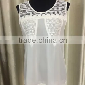 Back Cage Chiffon Blouse With Lace Sleeveless O-neck 2016 New Fashion thumbnail-1