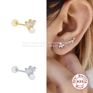 S925 Sterling Silver Triple CZ Marquise Pearl Earrings for Girls thumbnail-2