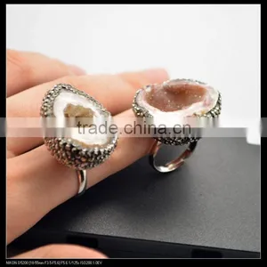 LFD-0010R ~ Wholesale Unique Nature Agate Quartz Geode Druzy Gemstone Rings, Metal Brass Finger Rings, Adjustable thumbnail-1
