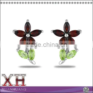 Beautiful Sterlilng Silver Garnet and Peridot Stud Flover Earrings for Girl thumbnail-1